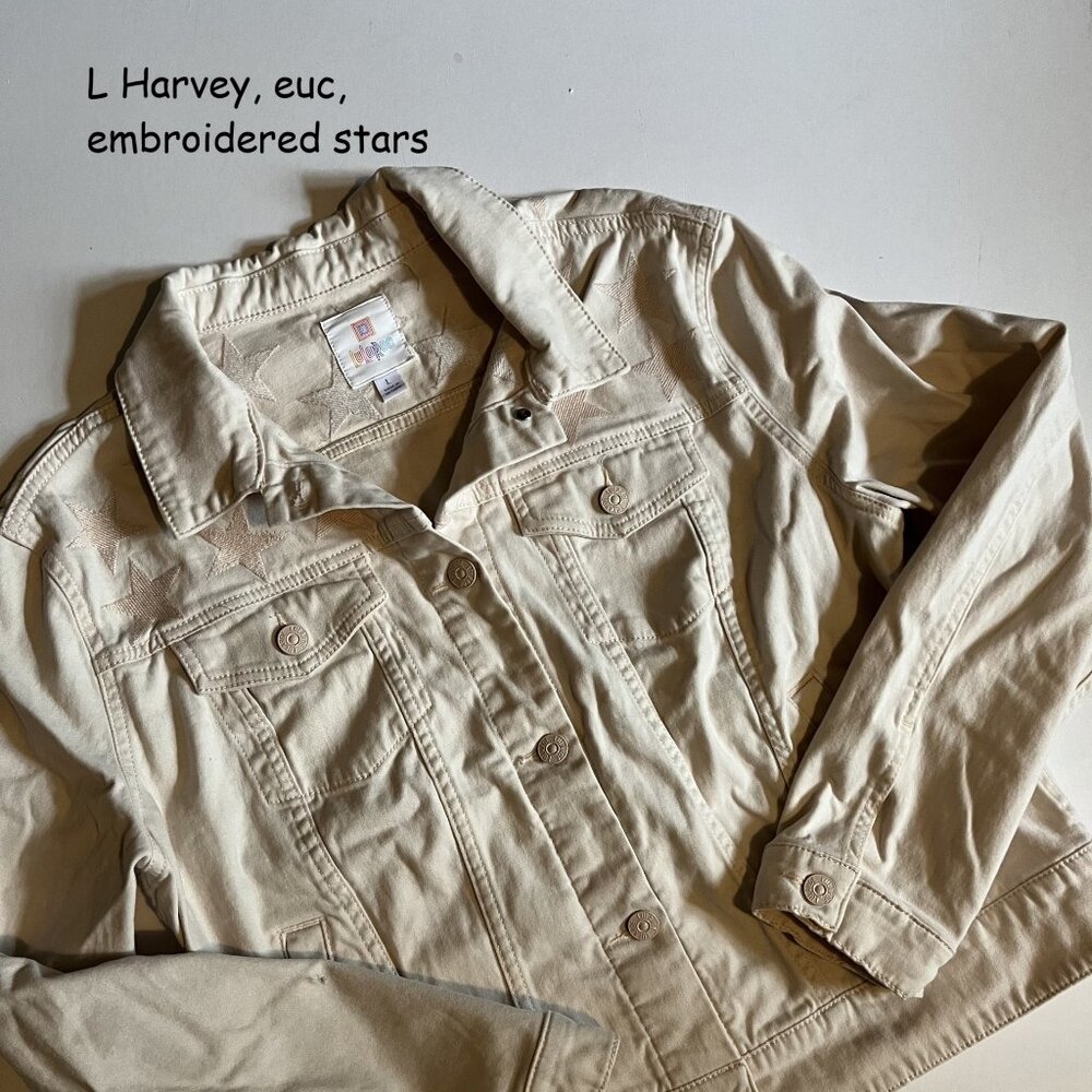 Large Lularoe Harvey jean jacket, peachy-pink, embroidered stars
